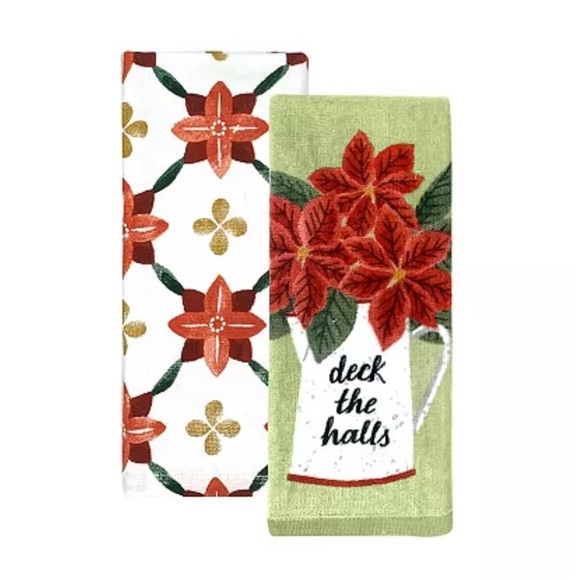 NEW St. Nicholas Square Deck The Halls Kitchen Towel 2-pk poinsettia boho  KHOLS - Picture 1 of 9